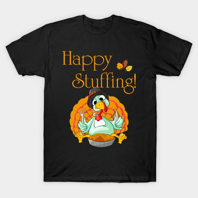 Happy Stuffing Funny Turkey Eating Pie For Thanksgiving T-Shirt by SoCoolDesigns